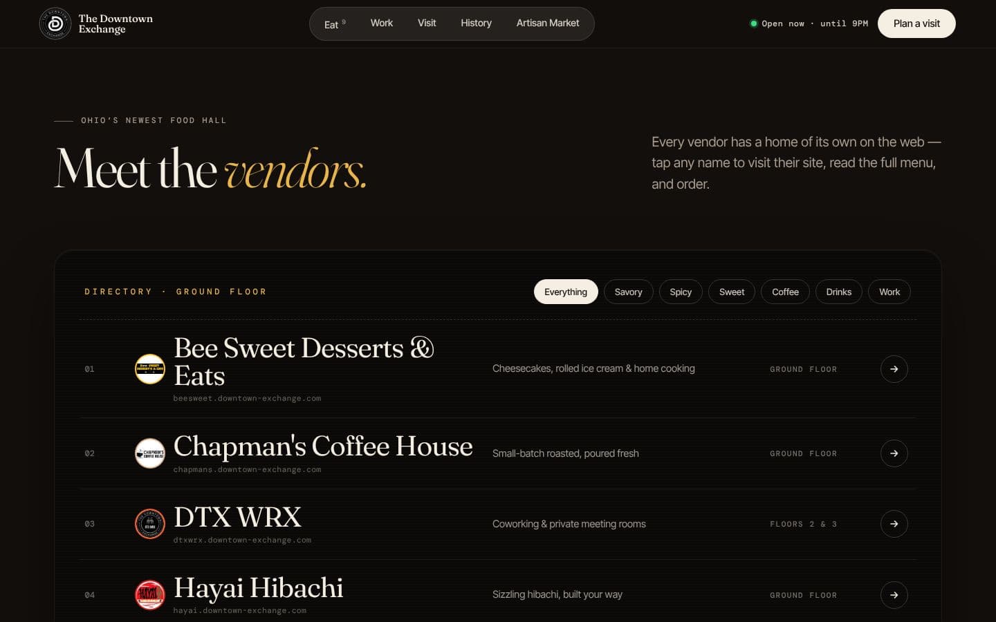Vendor directory with craving filters, each row linking to that vendor's own site