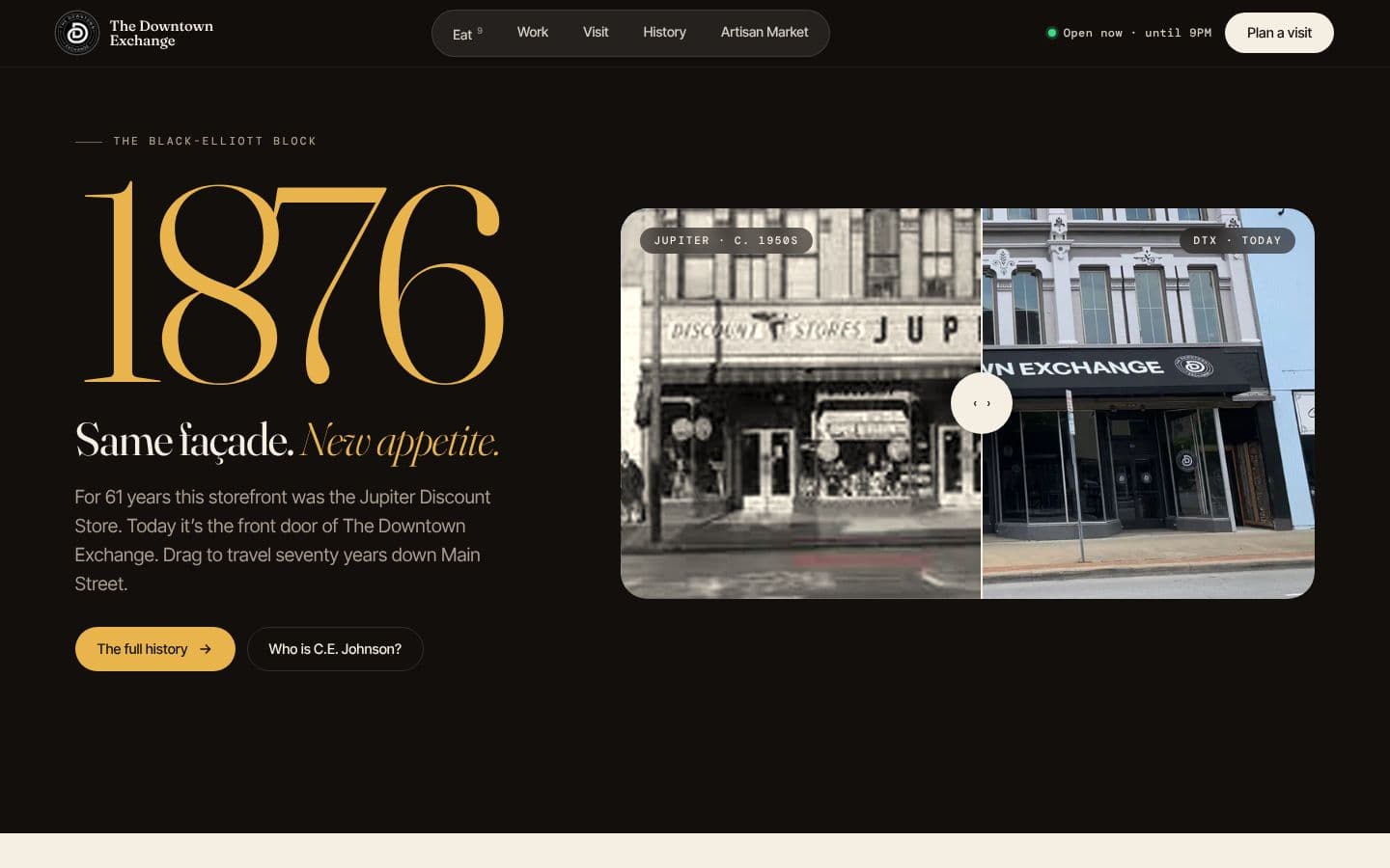 Then-and-now slider: the Jupiter Discount Store storefront and the building today