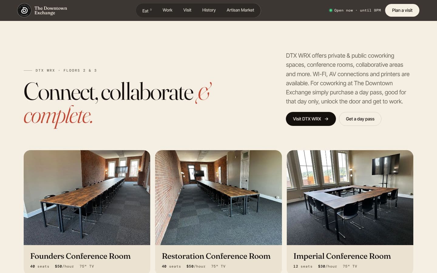 DTX WRX coworking and meeting rooms with seats and hourly rates
