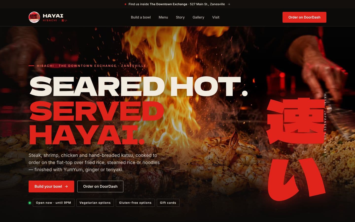 Hayai Hibachi's own site, with a build-your-bowl ordering helper