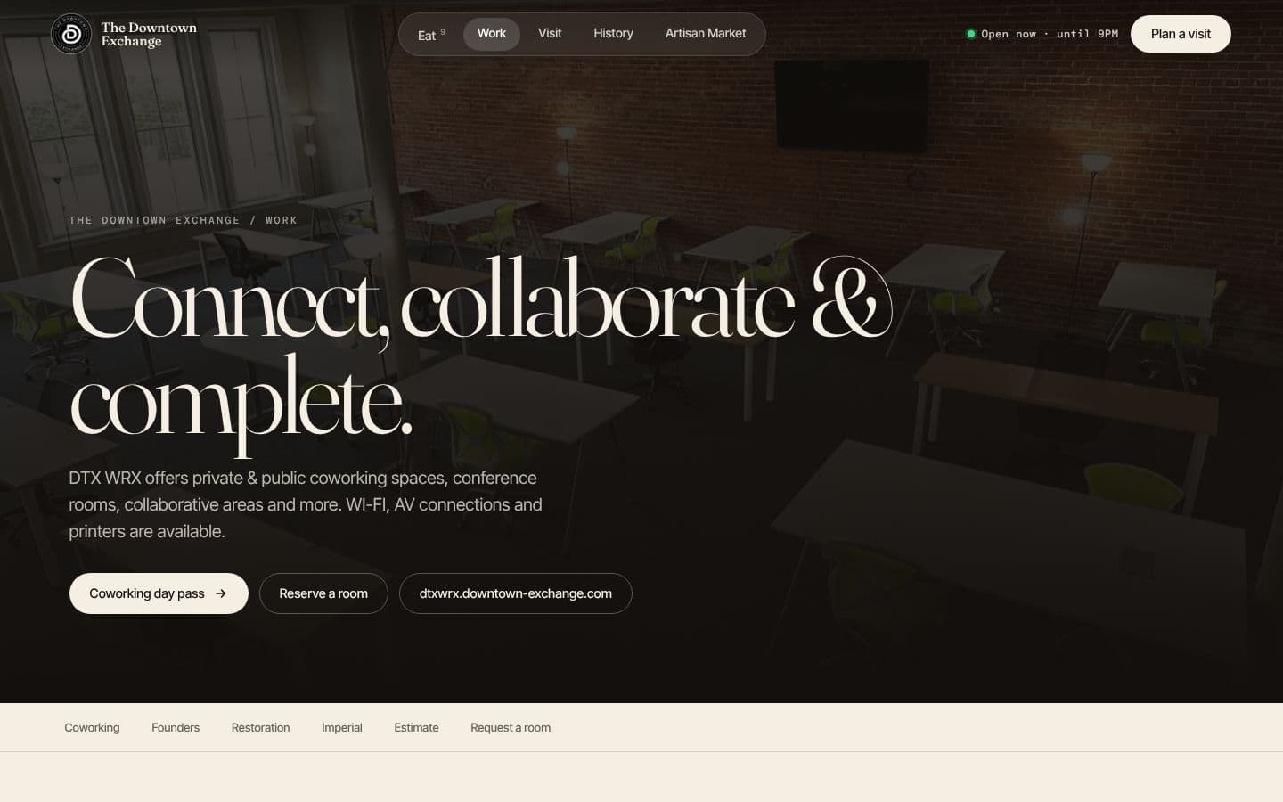 Work page — coworking day passes and room booking