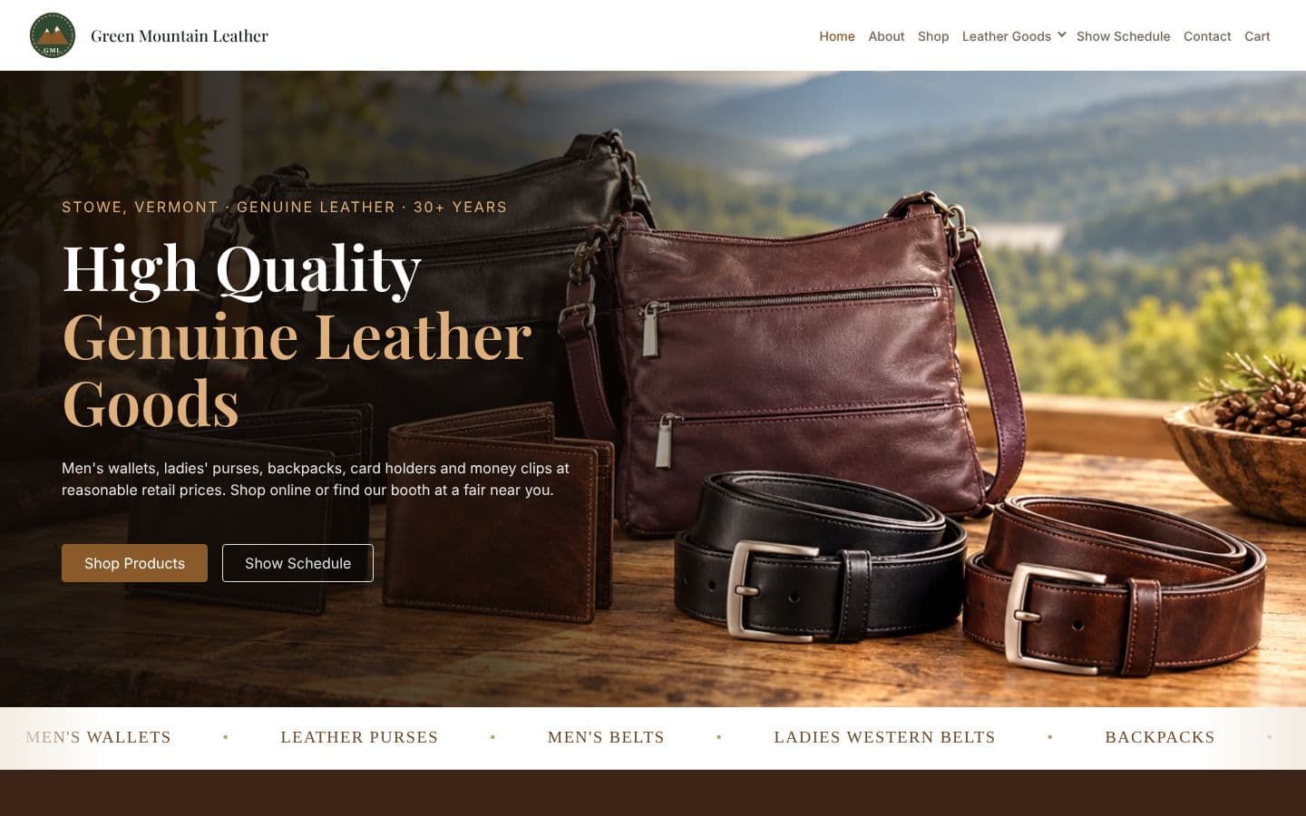 Home — hero with shop and show-schedule calls to action