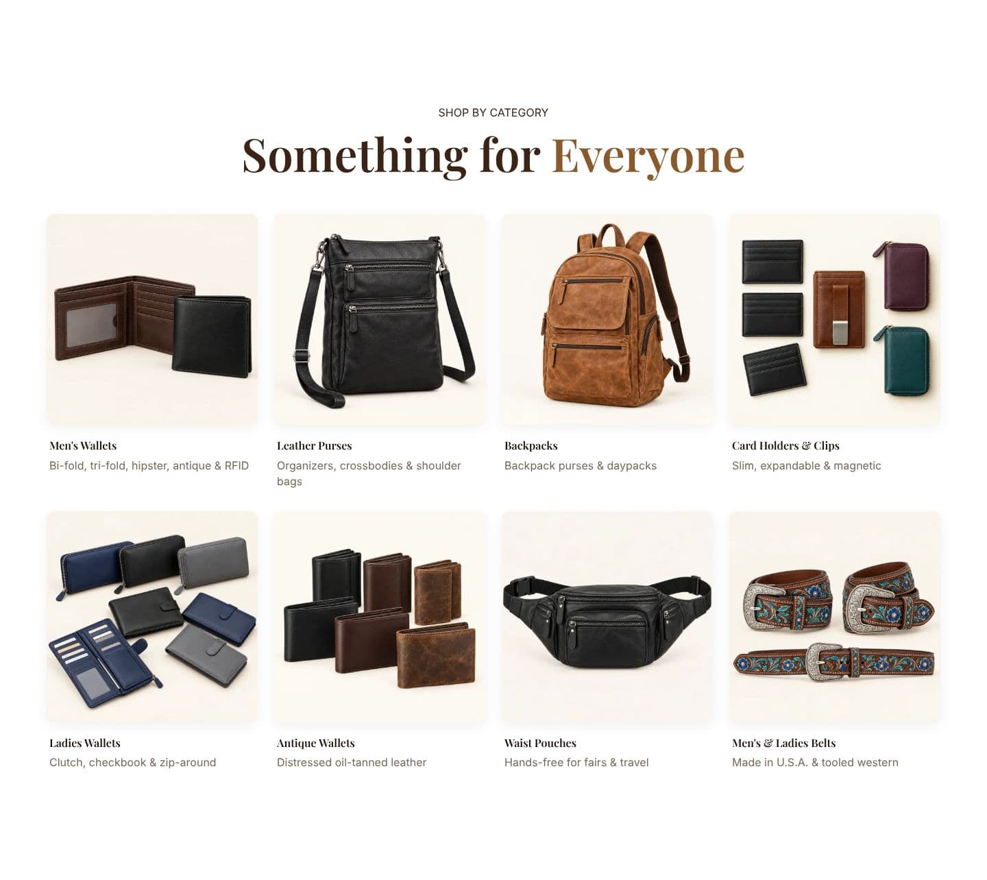 Shop by category — wallets, purses, backpacks, belts and more