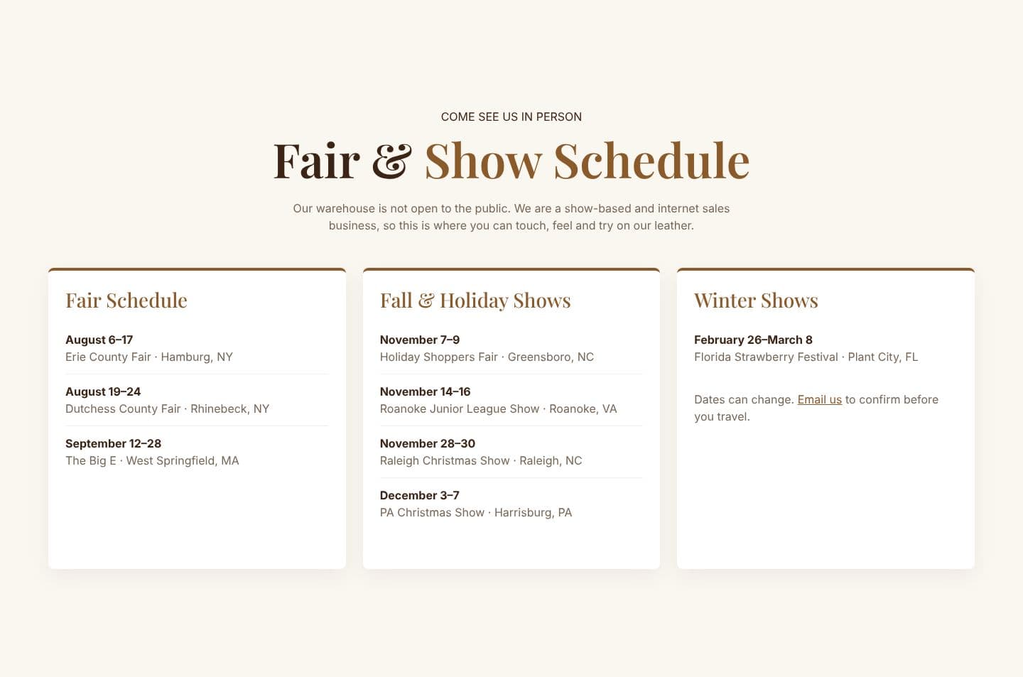 Fair & show schedule — where to find the booth this season