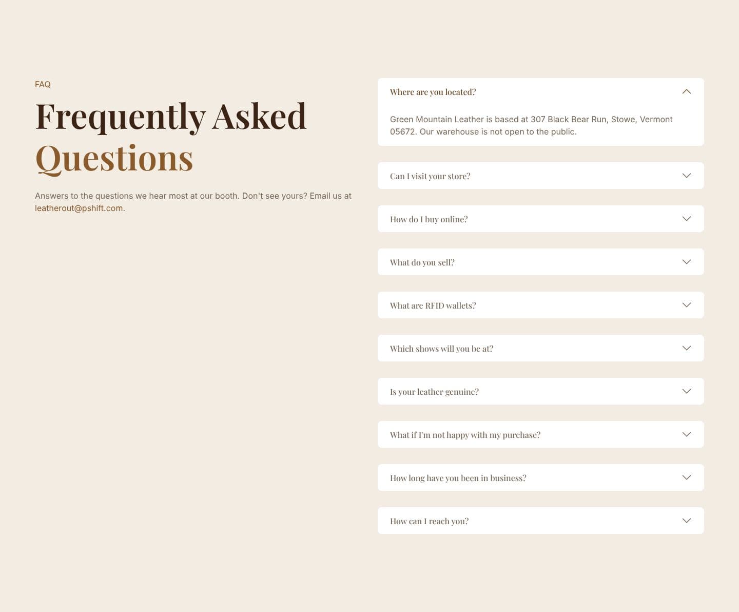 FAQ — location, buying online, genuine leather and the satisfaction guarantee