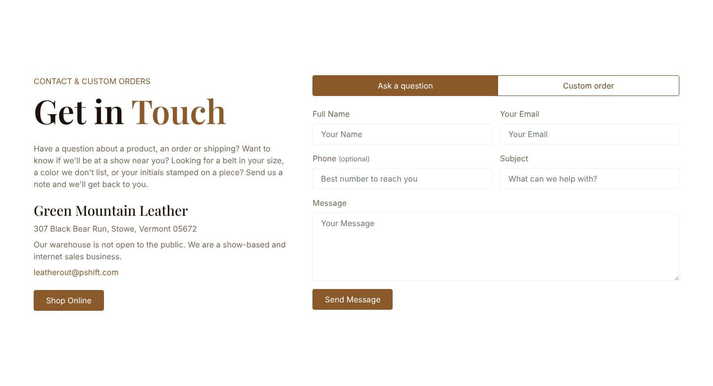 Contact — questions and custom orders