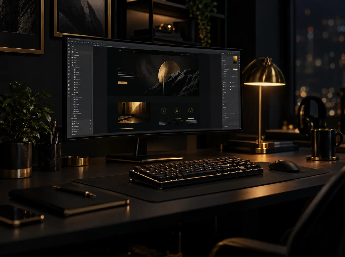 A dark, gold-lit web design workstation showing a website layout in progress